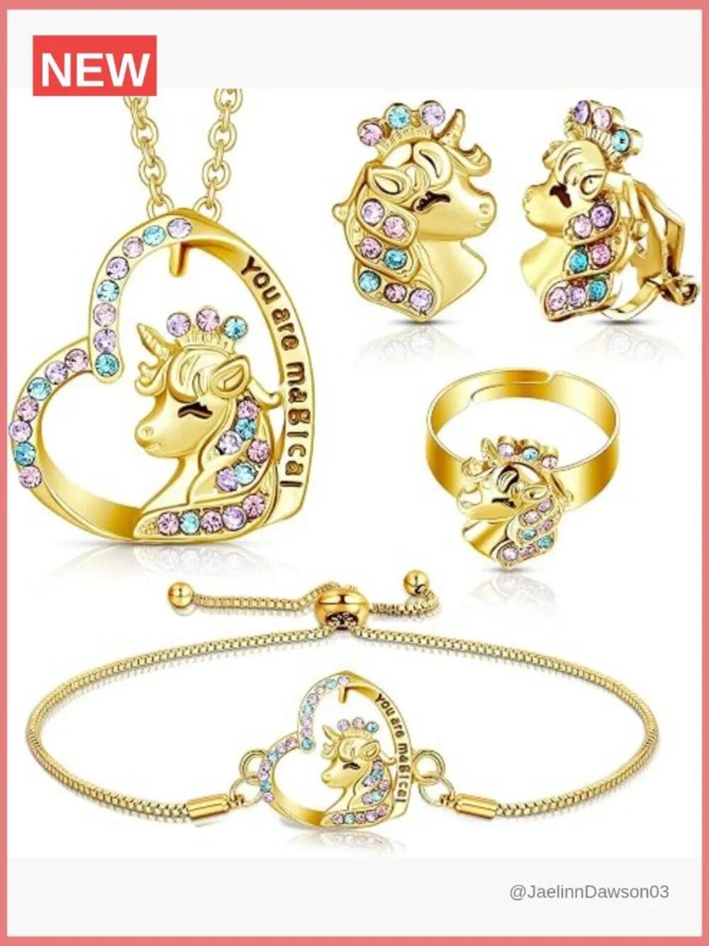 4 Pc Unicorn Axolotl Jewelry Set Necklace Bracelet Ring Earrings